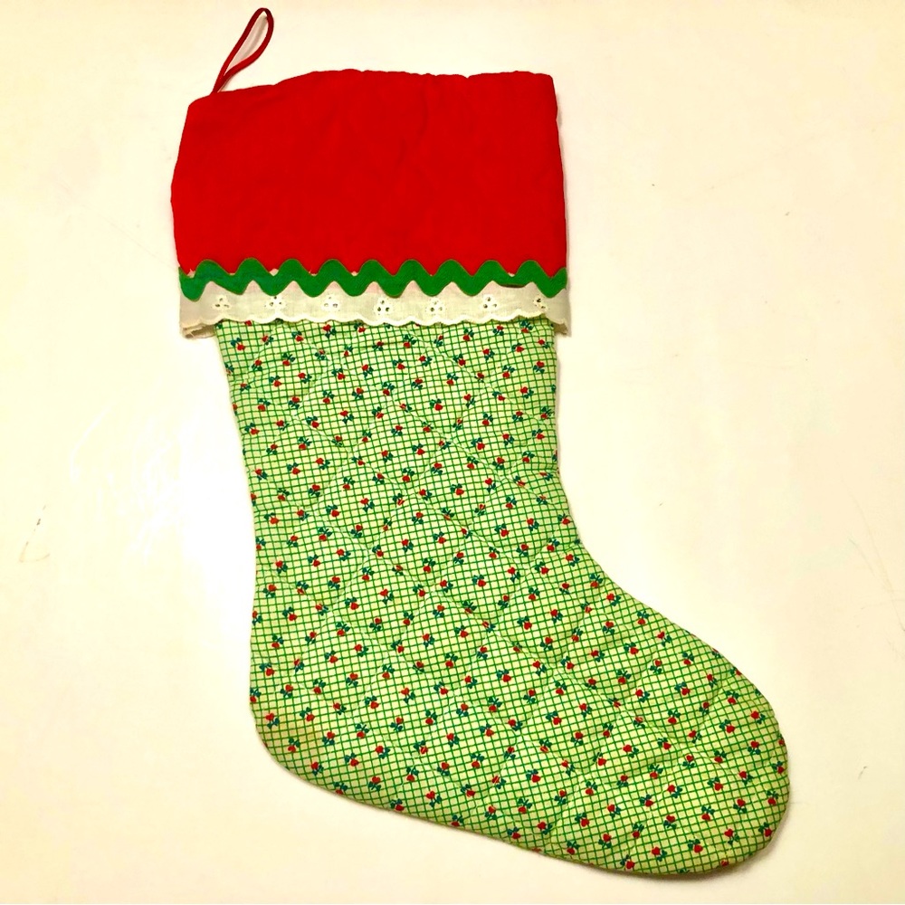 New Vintage Quilted Print Xmas Stocking, 16”x9 1/2”, Tiny Heart Flower Print